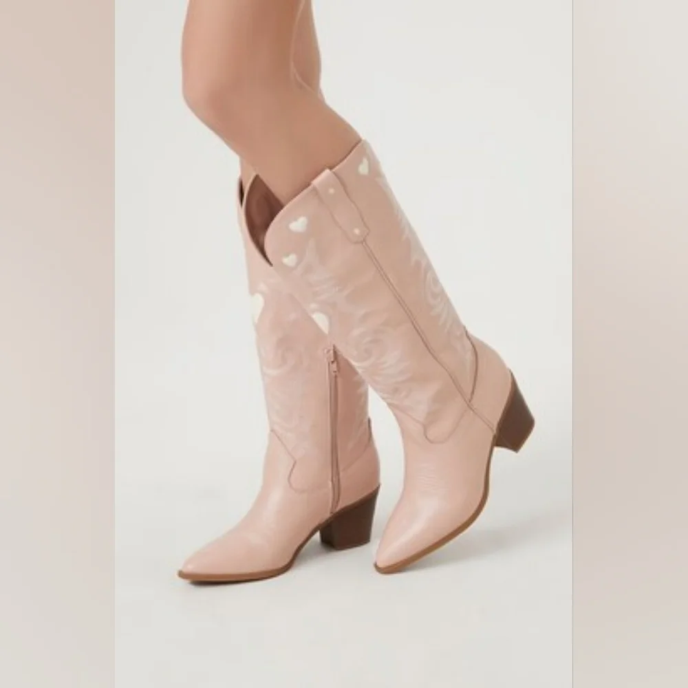 NEW Faux Leather Pink Heart Western-Style Women's Cowboy Boots Size 8 - Picture 1 of 10